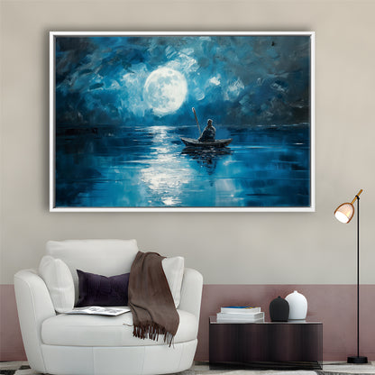 Moon Reflection On The Water DarkBlue, Framed Canvas Print, Painting Art, Floating Framed Canvas Print Wall Art