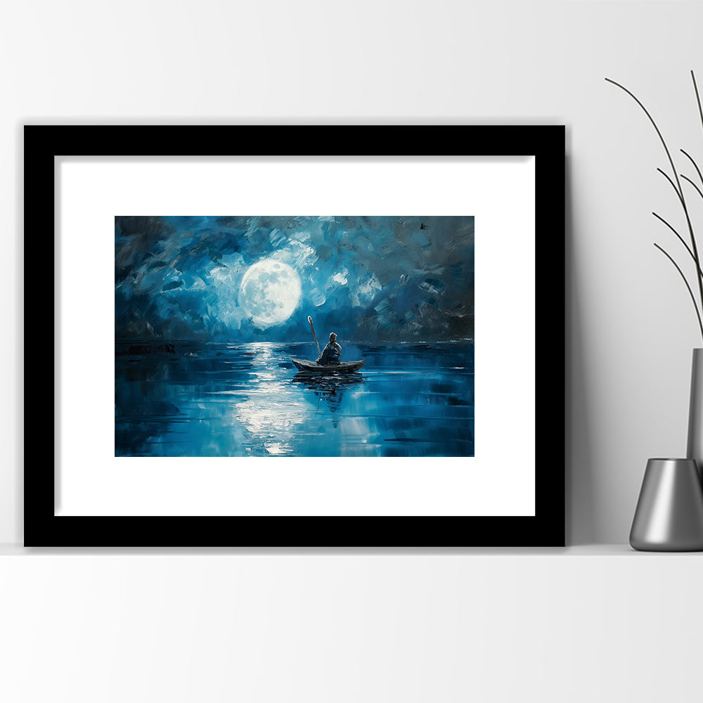 Moon Reflection On The Water DarkBlue, Framed  Print, Painting Art, Framed Art Print White Border Wall Decor