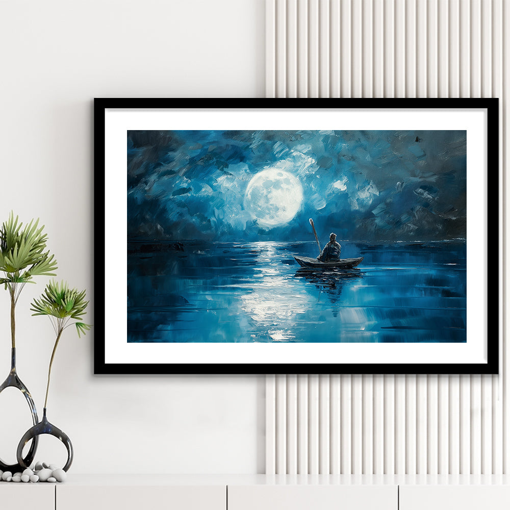 Moon Reflection On The Water DarkBlue, Framed  Print, Painting Art, Framed Art Print White Border Wall Decor