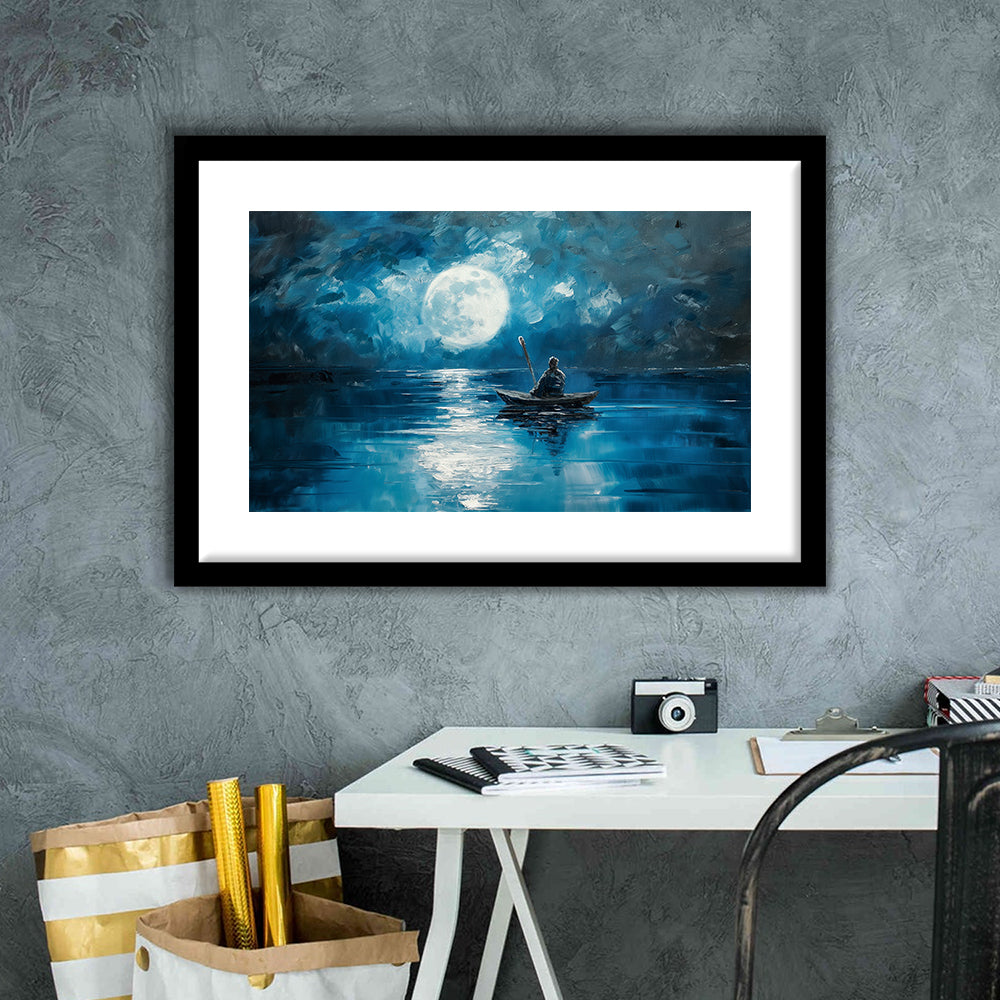 Moon Reflection On The Water DarkBlue, Framed  Print, Painting Art, Framed Art Print White Border Wall Decor