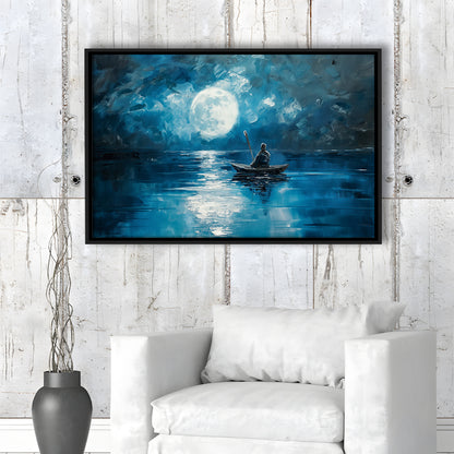 Moon Reflection On The Water DarkBlue, Framed Canvas Print, Painting Art, Floating Framed Canvas Print Wall Art