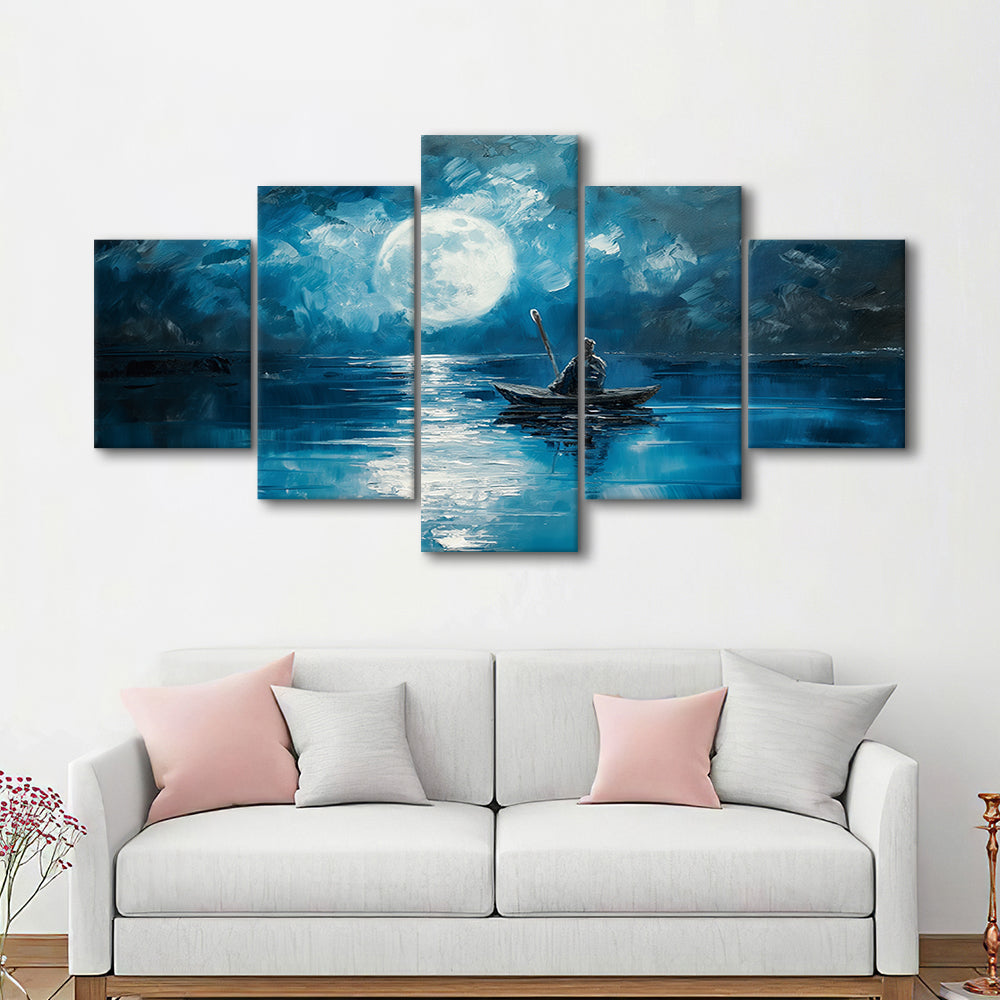 Moon Reflection On The Water DarkBlue, Canvas Art Decor Print, Painting Art, Mixed Panels Canvas Print Wall Art