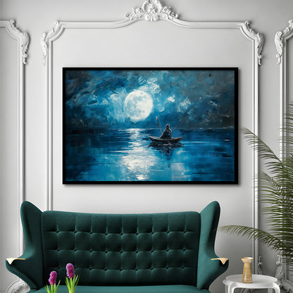 Moon Reflection On The Water DarkBlue, Framed  Print, Painting Art, Framed Art Print Wall Decor, Framed Picture