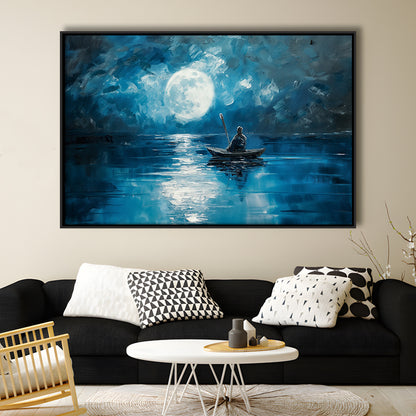 Moon Reflection On The Water DarkBlue, Framed Canvas Print, Painting Art, Floating Framed Canvas Print Wall Art
