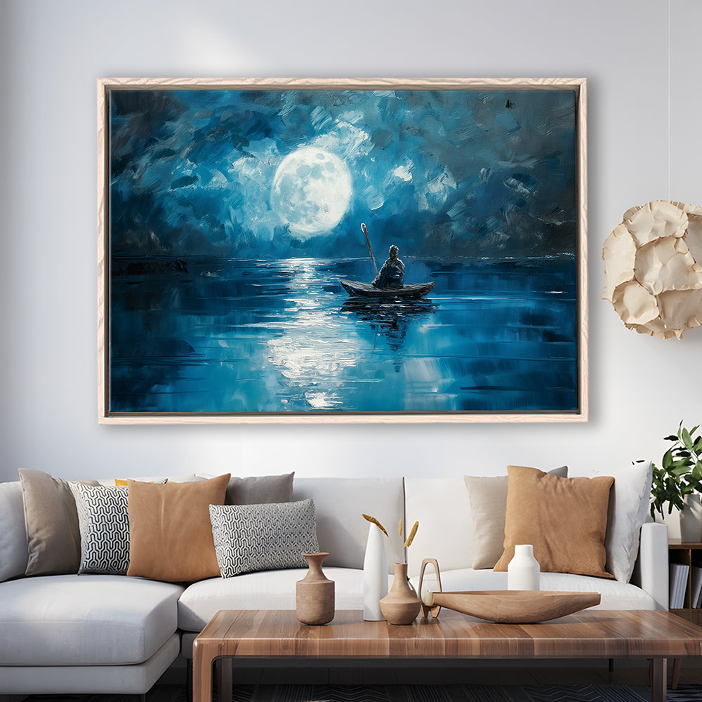 Moon Reflection On The Water DarkBlue, Framed Canvas Print, Painting Art, Floating Framed Canvas Print Wall Art