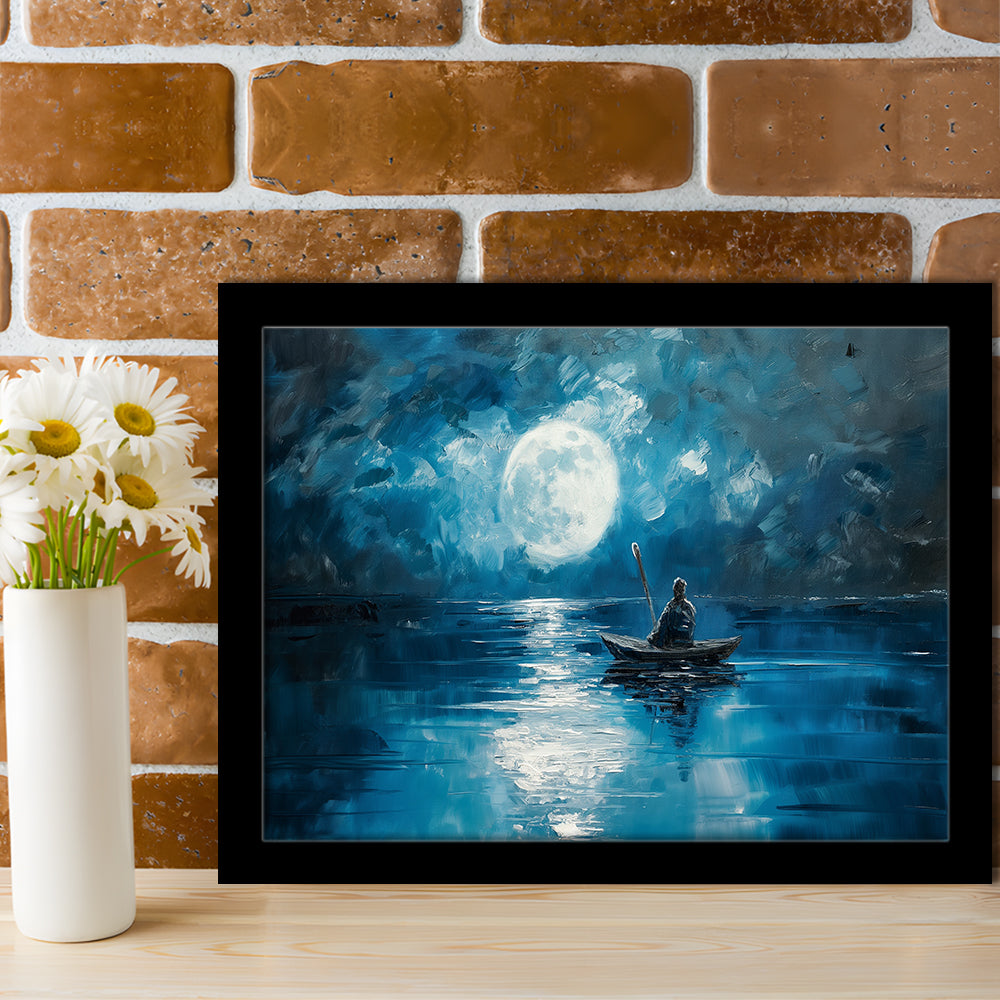 Moon Reflection On The Water DarkBlue, Framed  Print, Painting Art, Framed Art Print Wall Decor, Framed Picture