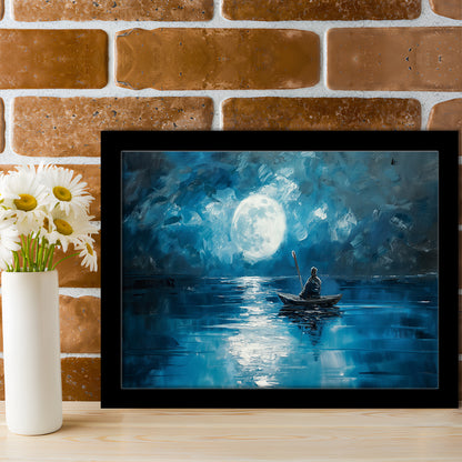 Moon Reflection On The Water DarkBlue, Framed  Print, Painting Art, Framed Art Print Wall Decor, Framed Picture