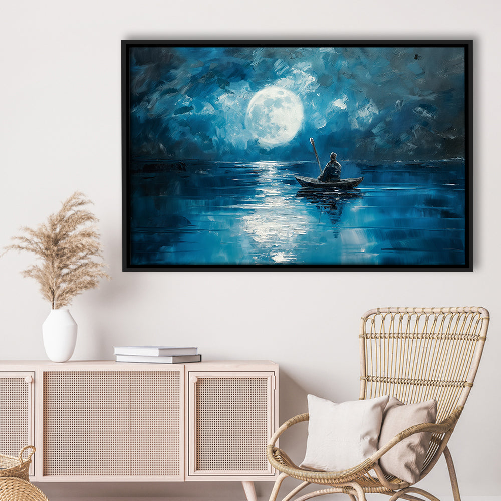Moon Reflection On The Water DarkBlue, Framed Canvas Print, Painting Art, Floating Framed Canvas Print Wall Art