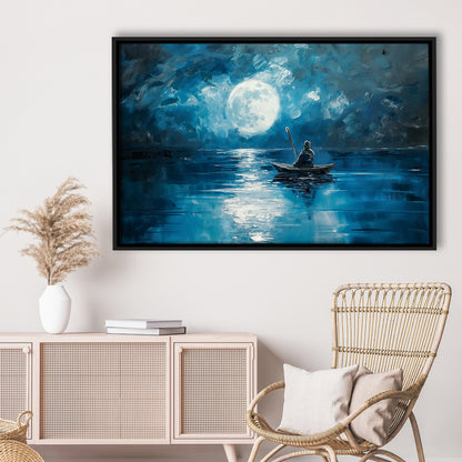 Moon Reflection On The Water DarkBlue, Framed Canvas Print, Painting Art, Floating Framed Canvas Print Wall Art