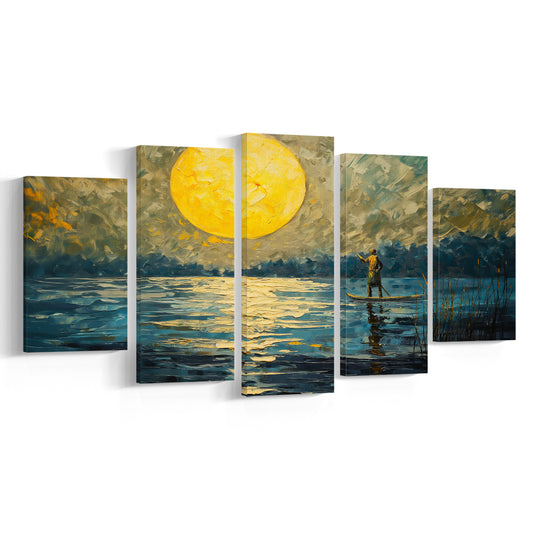 Moon Reflection On The Water V1, Canvas Art Decor Print, Painting Art, Mixed Panels Canvas Print Wall Art