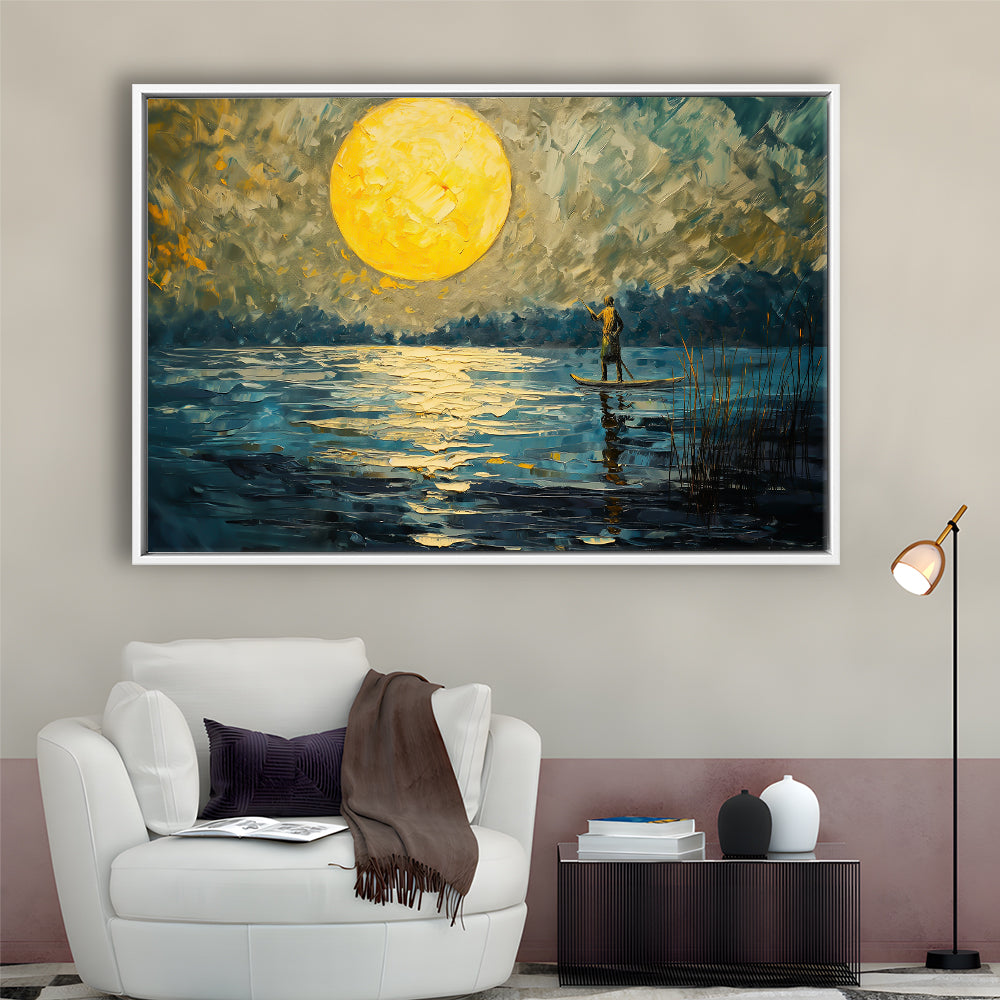 Moon Reflection On The Water V1, Framed Canvas Print, Painting Art, Floating Framed Canvas Print Wall Art