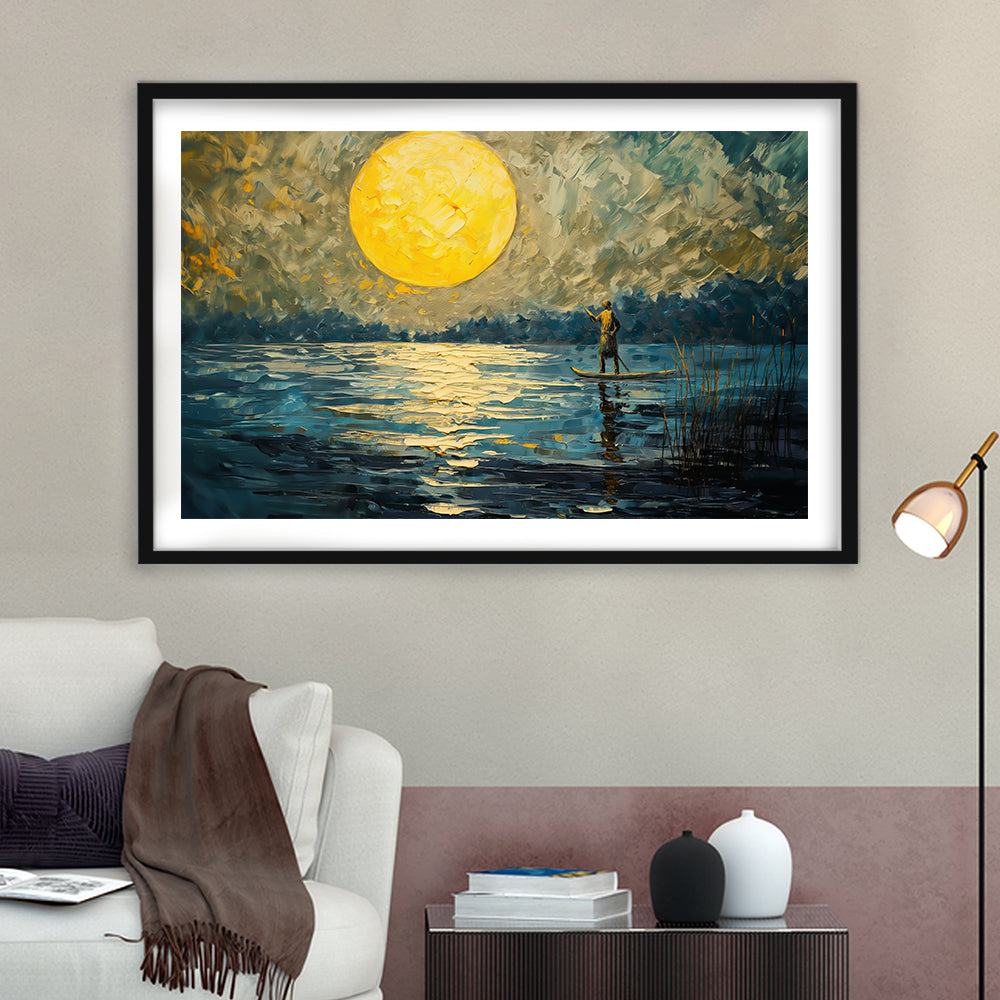 Moon Reflection On The Water V1, Framed  Print, Painting Art, Framed Art Print White Border Wall Decor