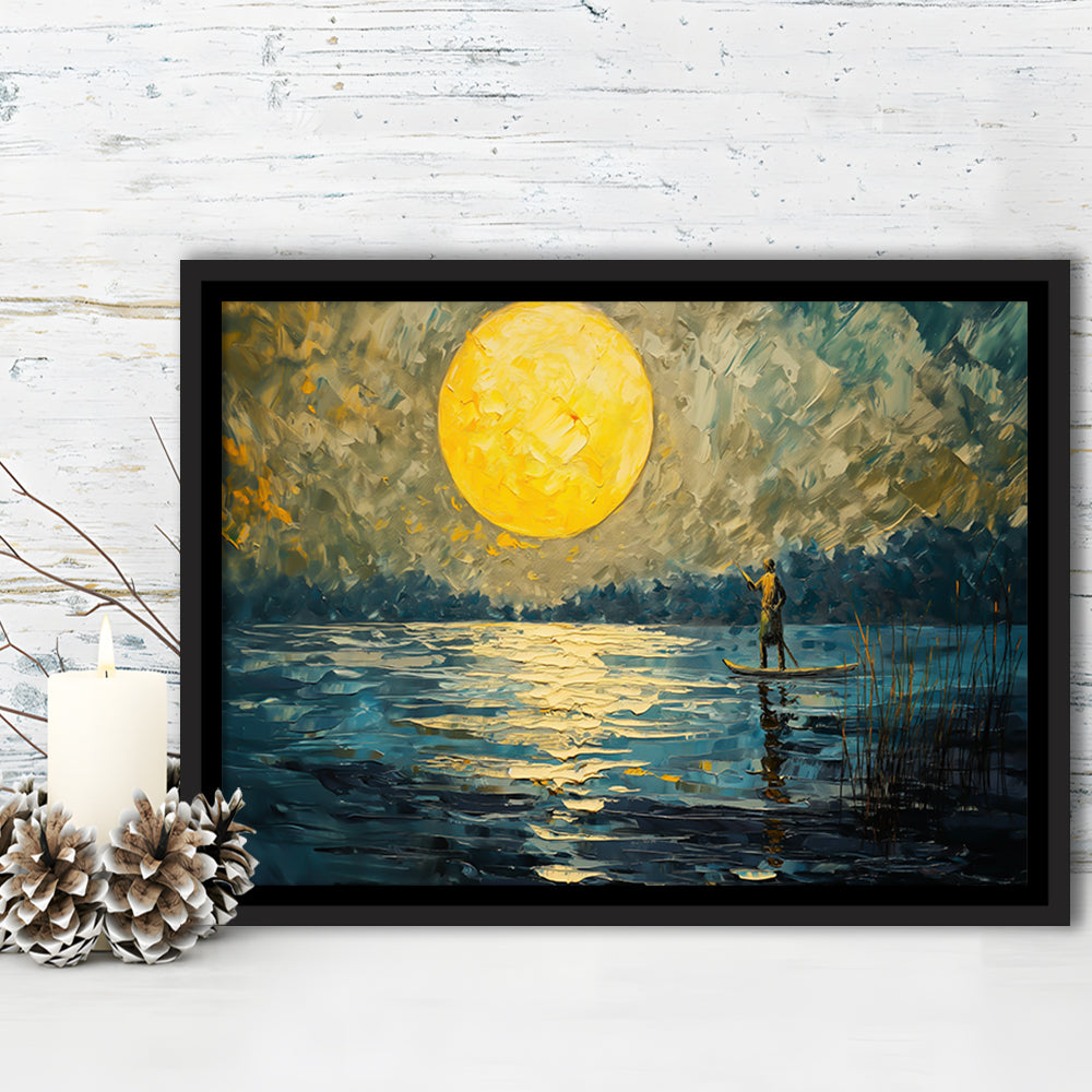 Moon Reflection On The Water V1, Framed Canvas Print, Painting Art, Floating Framed Canvas Print Wall Art