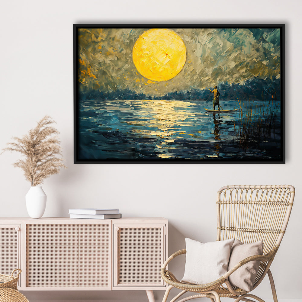 Moon Reflection On The Water V1, Framed Canvas Print, Painting Art, Floating Framed Canvas Print Wall Art