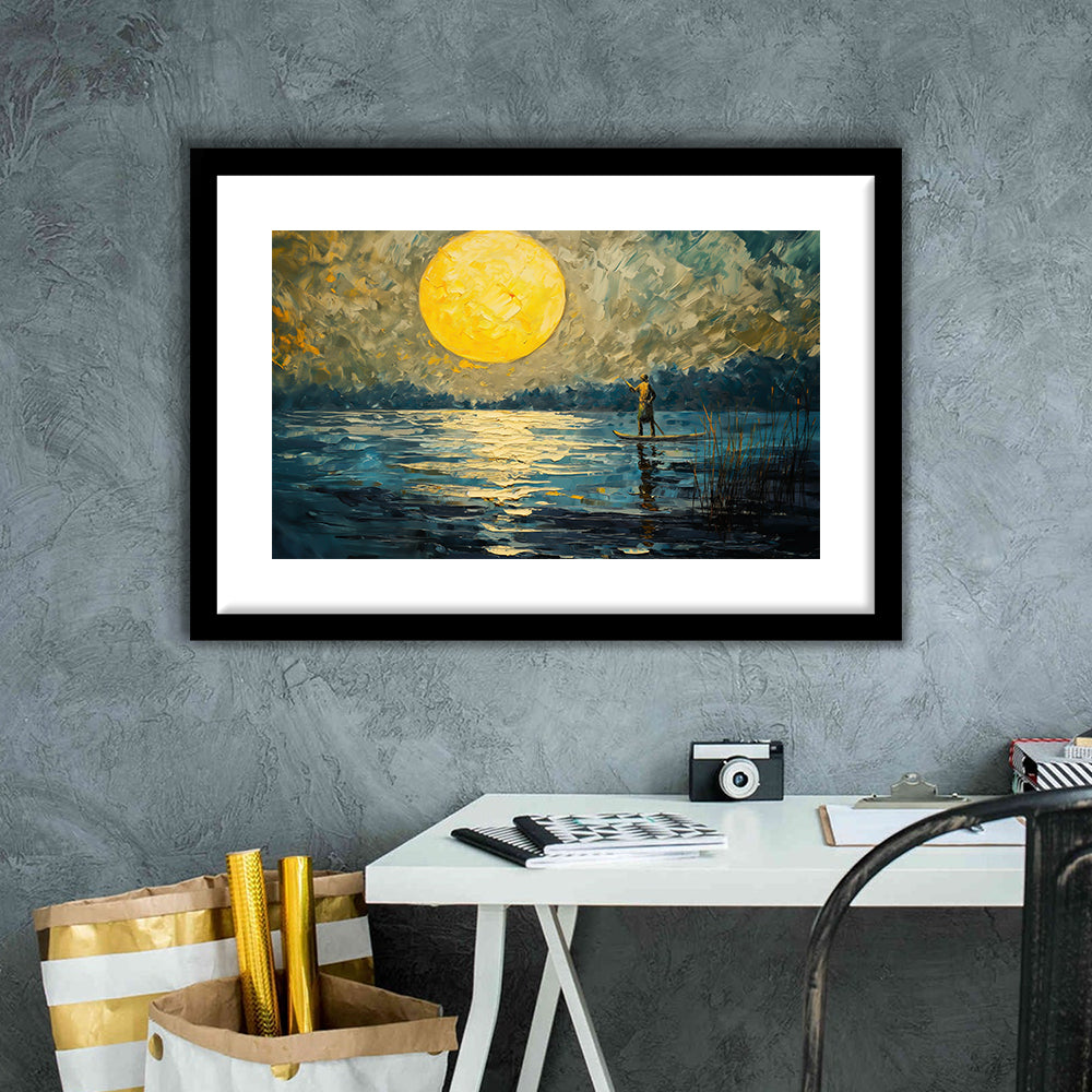 Moon Reflection On The Water V1, Framed  Print, Painting Art, Framed Art Print White Border Wall Decor