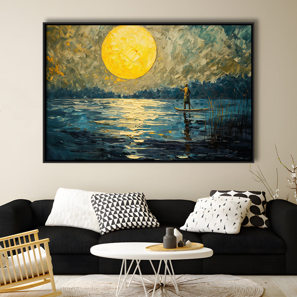 Moon Reflection On The Water V1, Framed Canvas Print, Painting Art, Floating Framed Canvas Print Wall Art