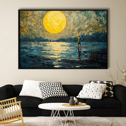 Moon Reflection On The Water V1, Framed Canvas Print, Painting Art, Floating Framed Canvas Print Wall Art