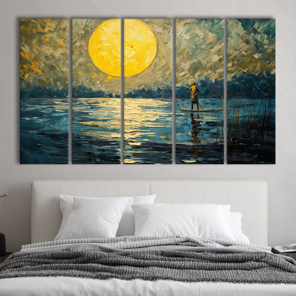 Moon Reflection On The Water V1, Canvas Art Print, Painting Art, Multi Panels Canvas Print Wall Art