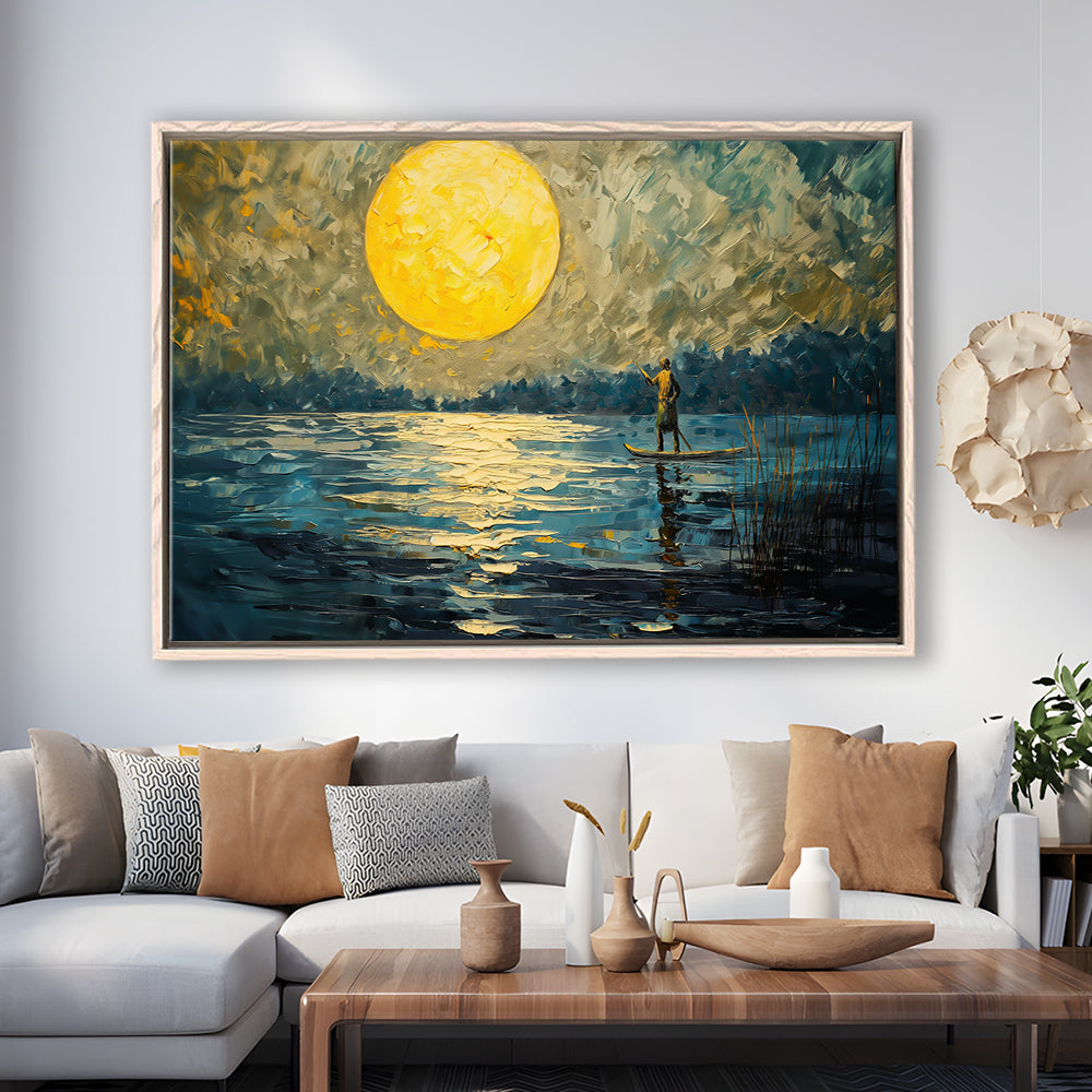 Moon Reflection On The Water V1, Framed Canvas Print, Painting Art, Floating Framed Canvas Print Wall Art