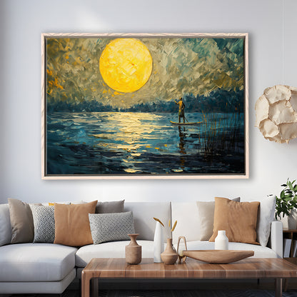 Moon Reflection On The Water V1, Framed Canvas Print, Painting Art, Floating Framed Canvas Print Wall Art