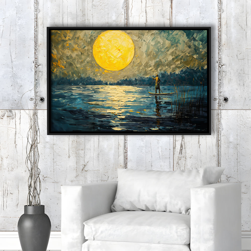 Moon Reflection On The Water V1, Framed Canvas Print, Painting Art, Floating Framed Canvas Print Wall Art