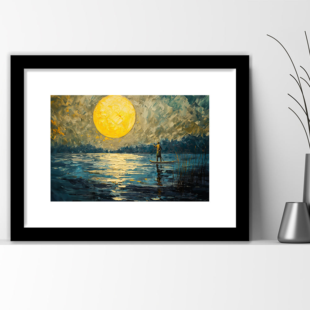 Moon Reflection On The Water V1, Framed  Print, Painting Art, Framed Art Print White Border Wall Decor