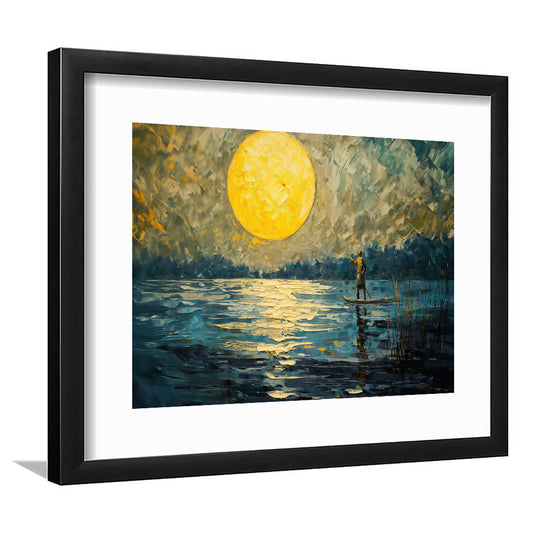 Moon Reflection On The Water V1, Framed  Print, Painting Art, Framed Art Print White Border Wall Decor