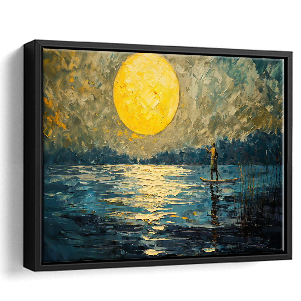 Moon Reflection On The Water V1, Framed Canvas Print, Painting Art, Floating Framed Canvas Print Wall Art