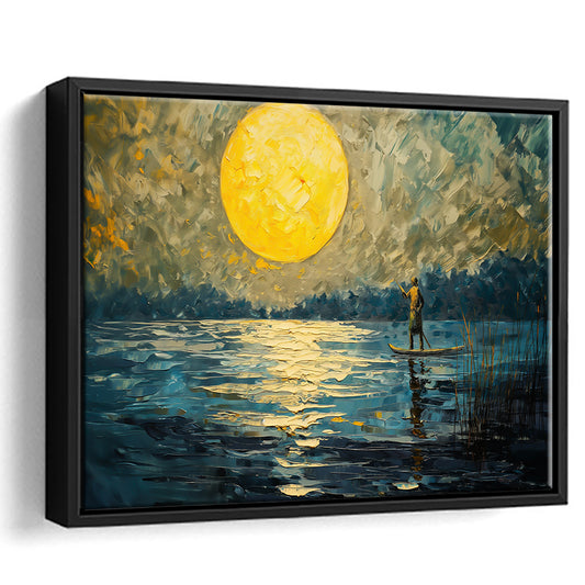 Moon Reflection On The Water V1, Framed Canvas Print, Painting Art, Floating Framed Canvas Print Wall Art