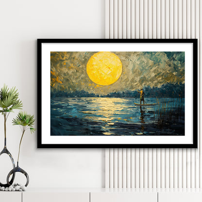 Moon Reflection On The Water V1, Framed  Print, Painting Art, Framed Art Print White Border Wall Decor