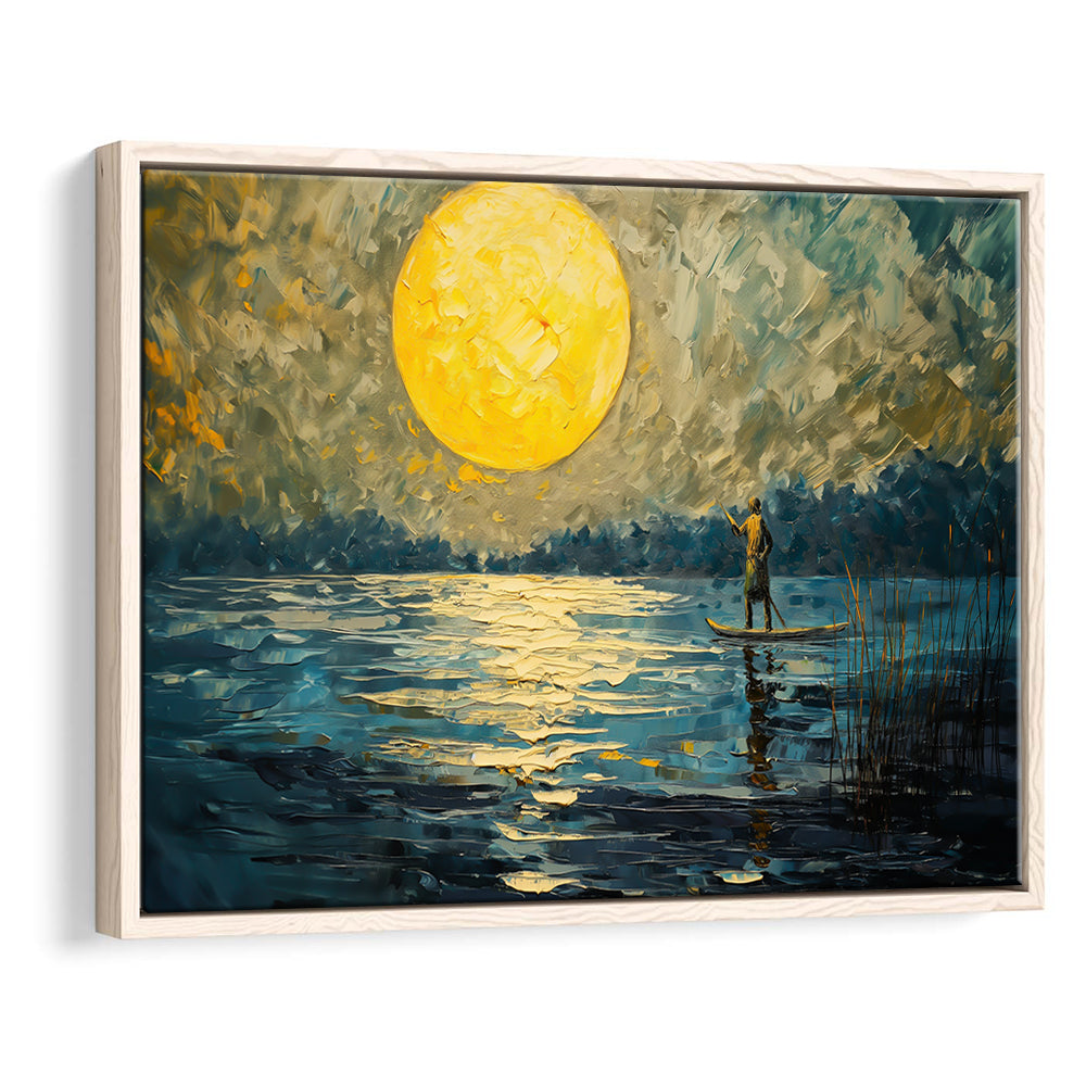 Moon Reflection On The Water V1, Framed Canvas Print, Painting Art, Floating Framed Canvas Print Wall Art