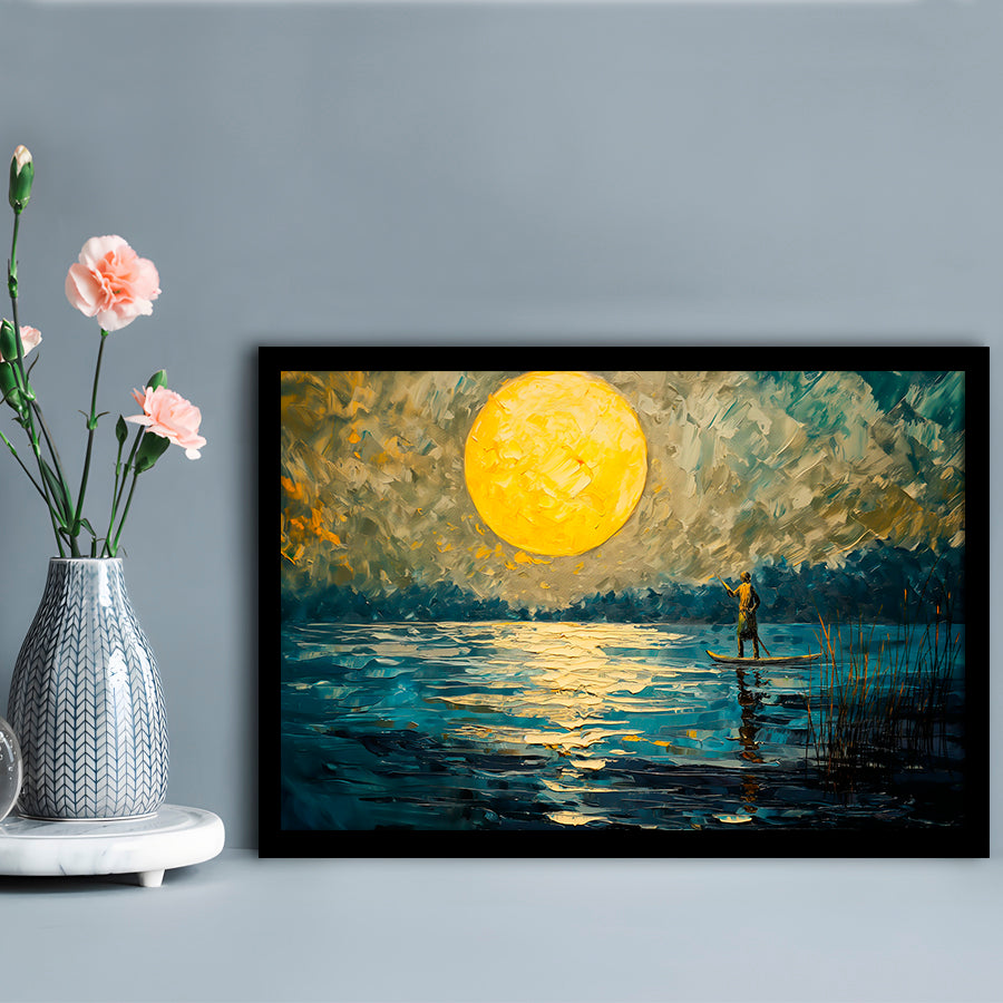 Moon Reflection On The Water V1, Framed  Print, Painting Art, Framed Art Print Wall Decor, Framed Picture