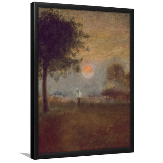 Moonrise Abstract Landscape Oil Painting Warm Tones Abstract Framed Art Print Wall Decor, Vintage Moody