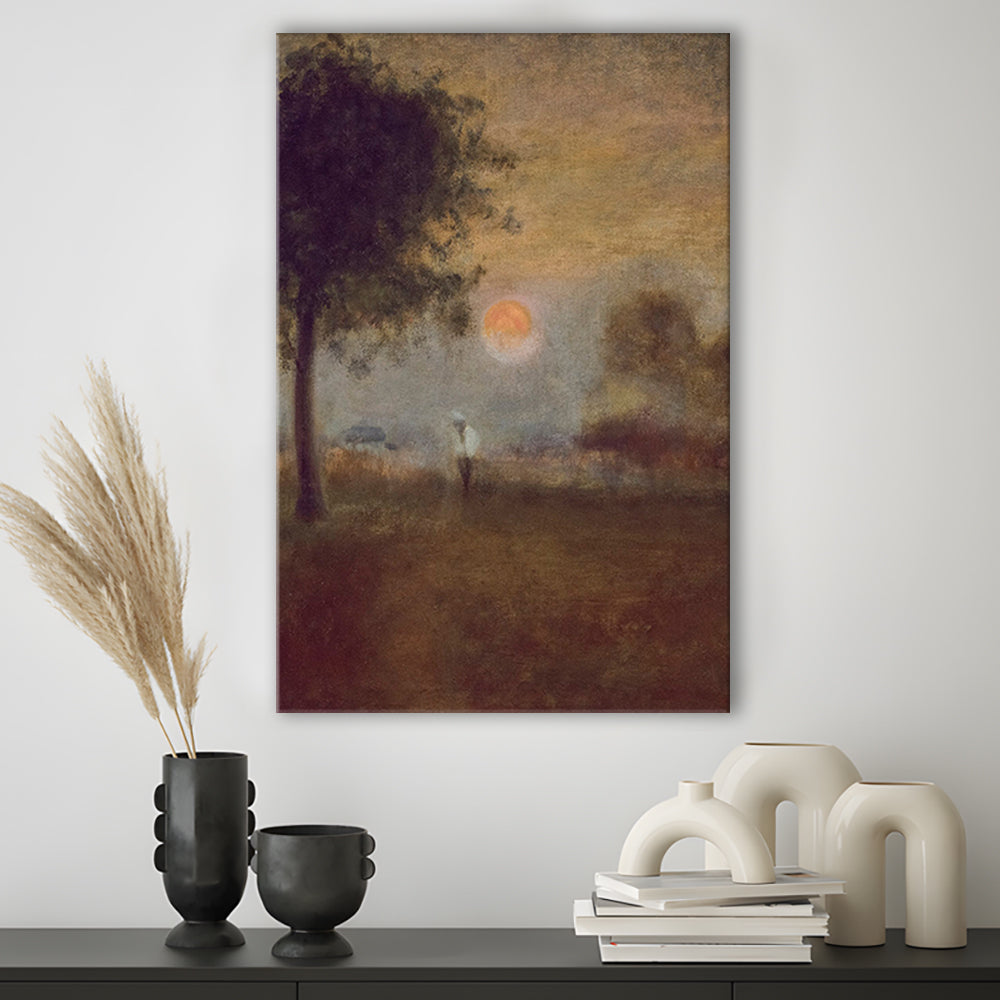 Moonrise Abstract Landscape Oil Painting Warm Tones Abstract Canvas Print Wall Art, Vintage Moody