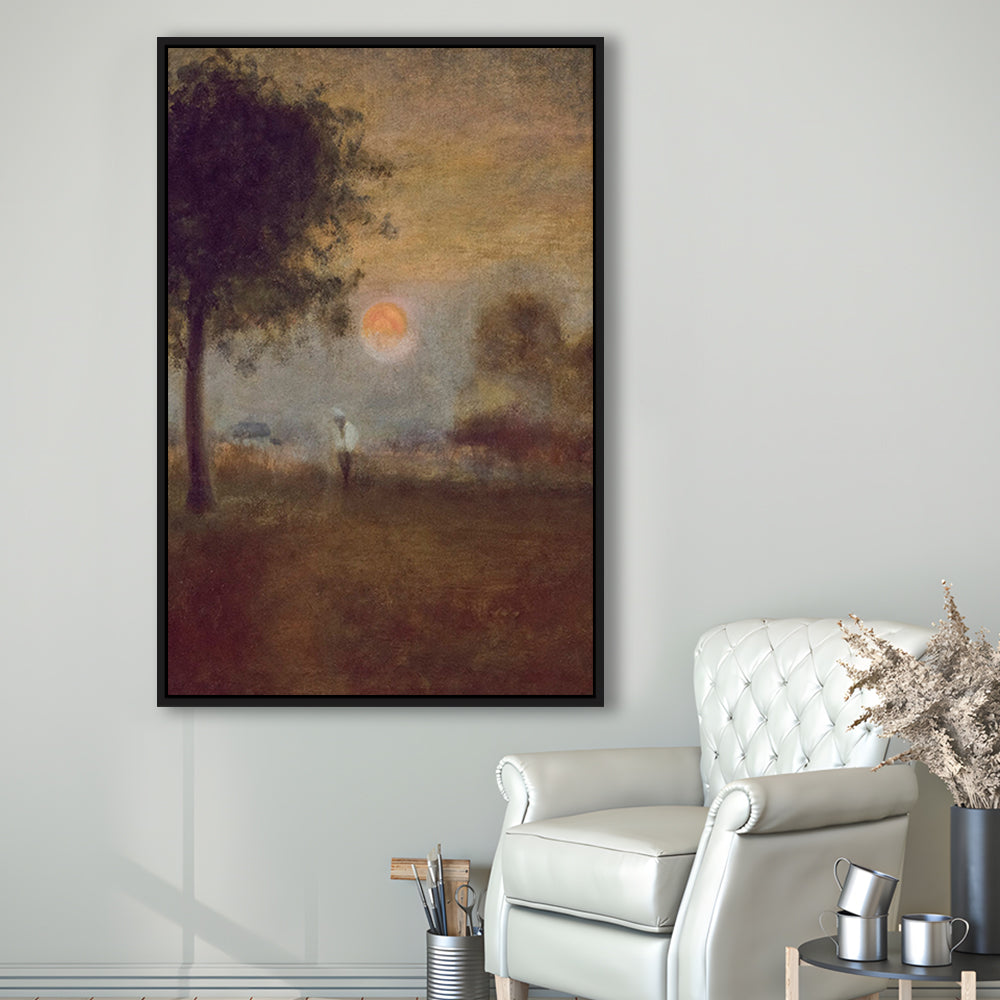 Moonrise Abstract Landscape Oil Painting Warm Tones Abstract Framed Canvas Print Wall Art, Vintage Moody