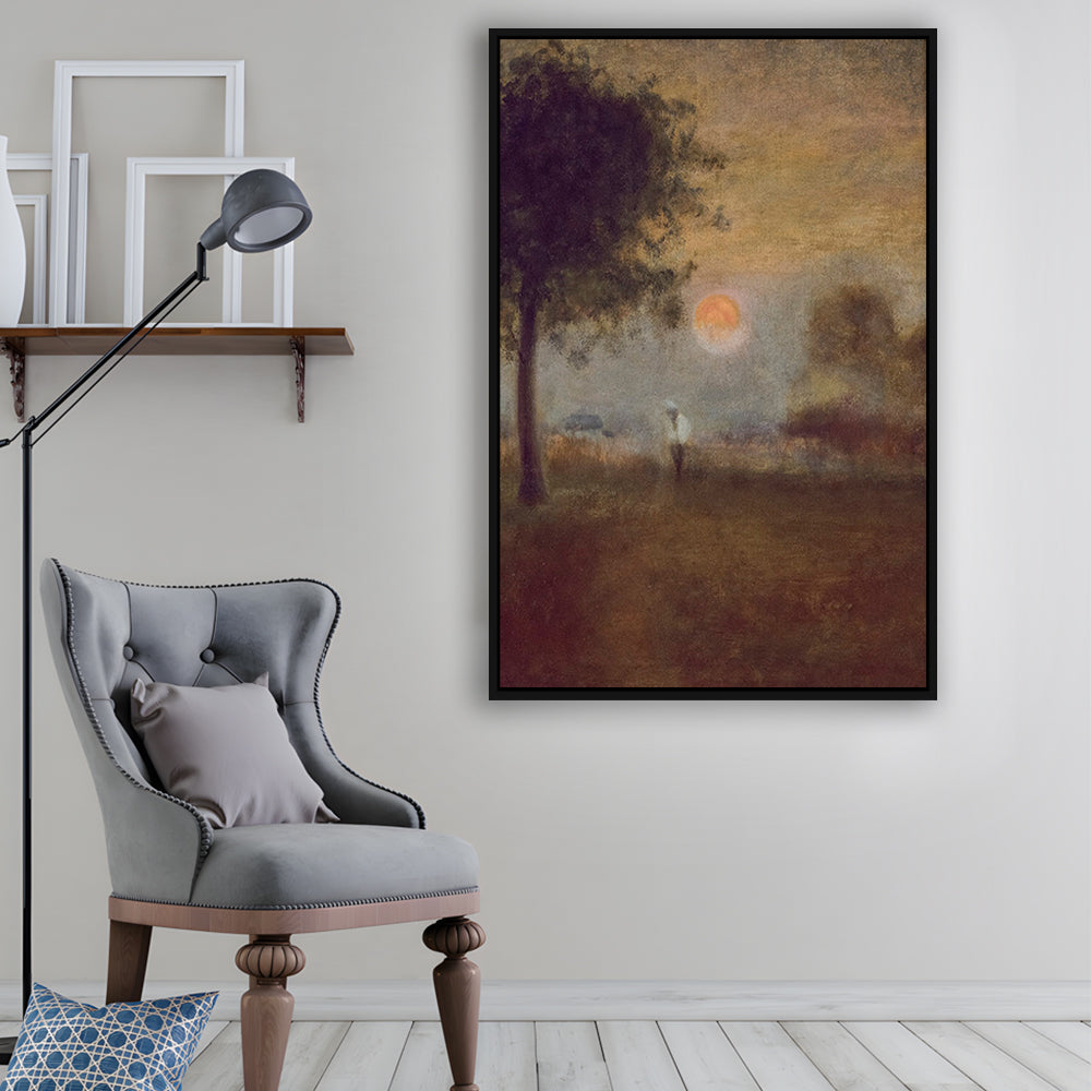 Moonrise Abstract Landscape Oil Painting Warm Tones Abstract Framed Canvas Print Wall Art, Vintage Moody