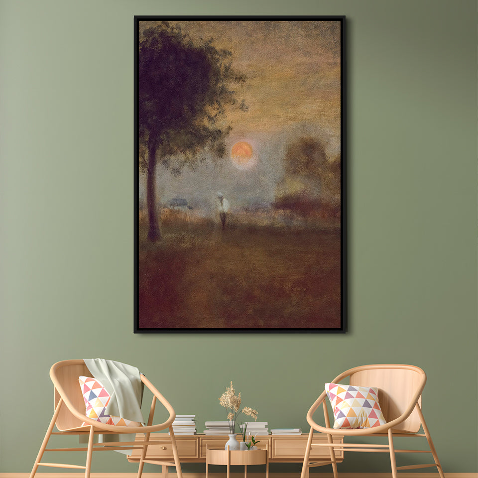 Moonrise Abstract Landscape Oil Painting Warm Tones Abstract Framed Canvas Print Wall Art, Vintage Moody