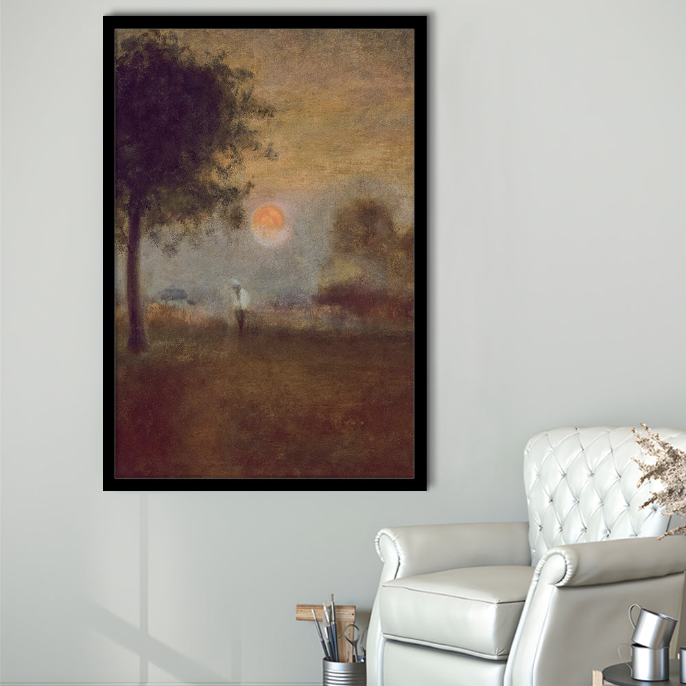 Moonrise Abstract Landscape Oil Painting Warm Tones Abstract Framed Art Print Wall Decor, Vintage Moody