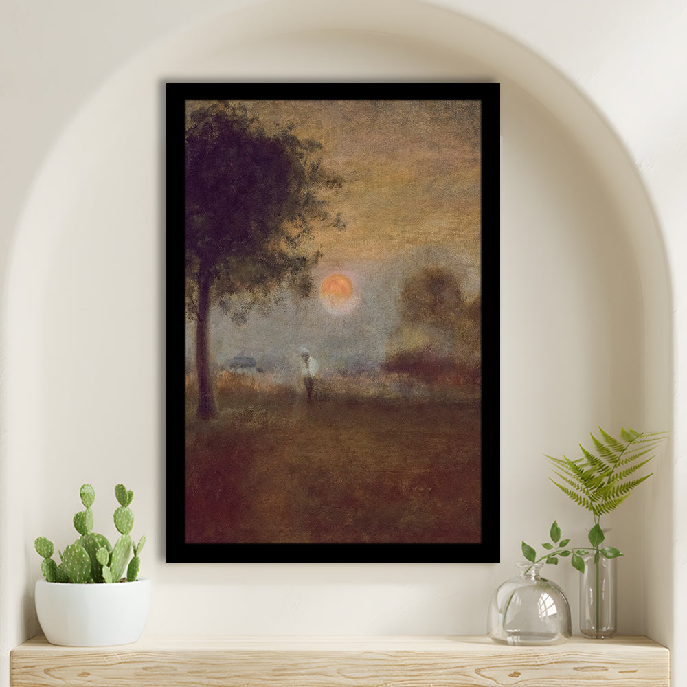 Moonrise Abstract Landscape Oil Painting Warm Tones Abstract Framed Art Print Wall Decor, Vintage Moody