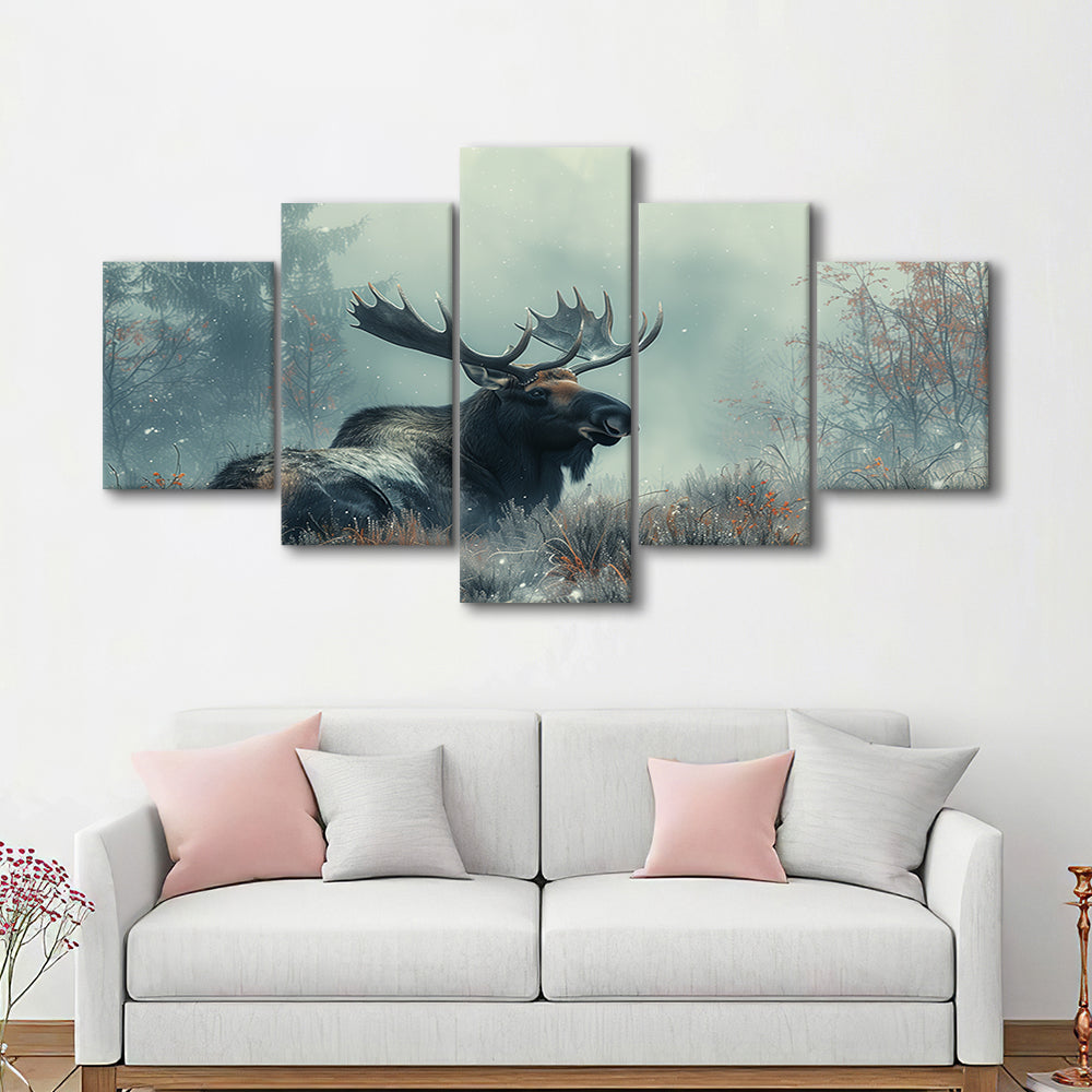 Moose Lying In Winter Field , Canvas Art Decor Print, Painting Art, Mixed Panels Canvas Print Wall Art