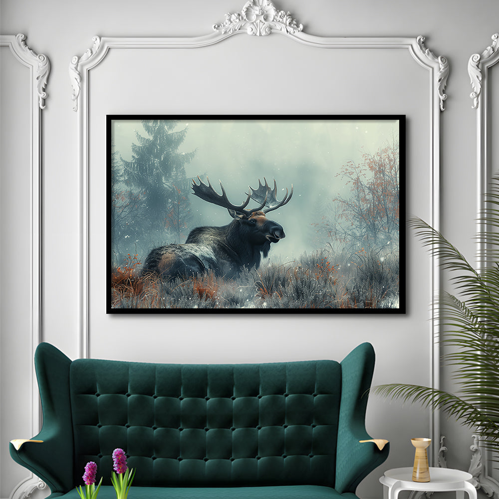 Moose Lying In Winter Field , Framed  Print, Painting Art, Framed Art Print Wall Decor, Framed Picture