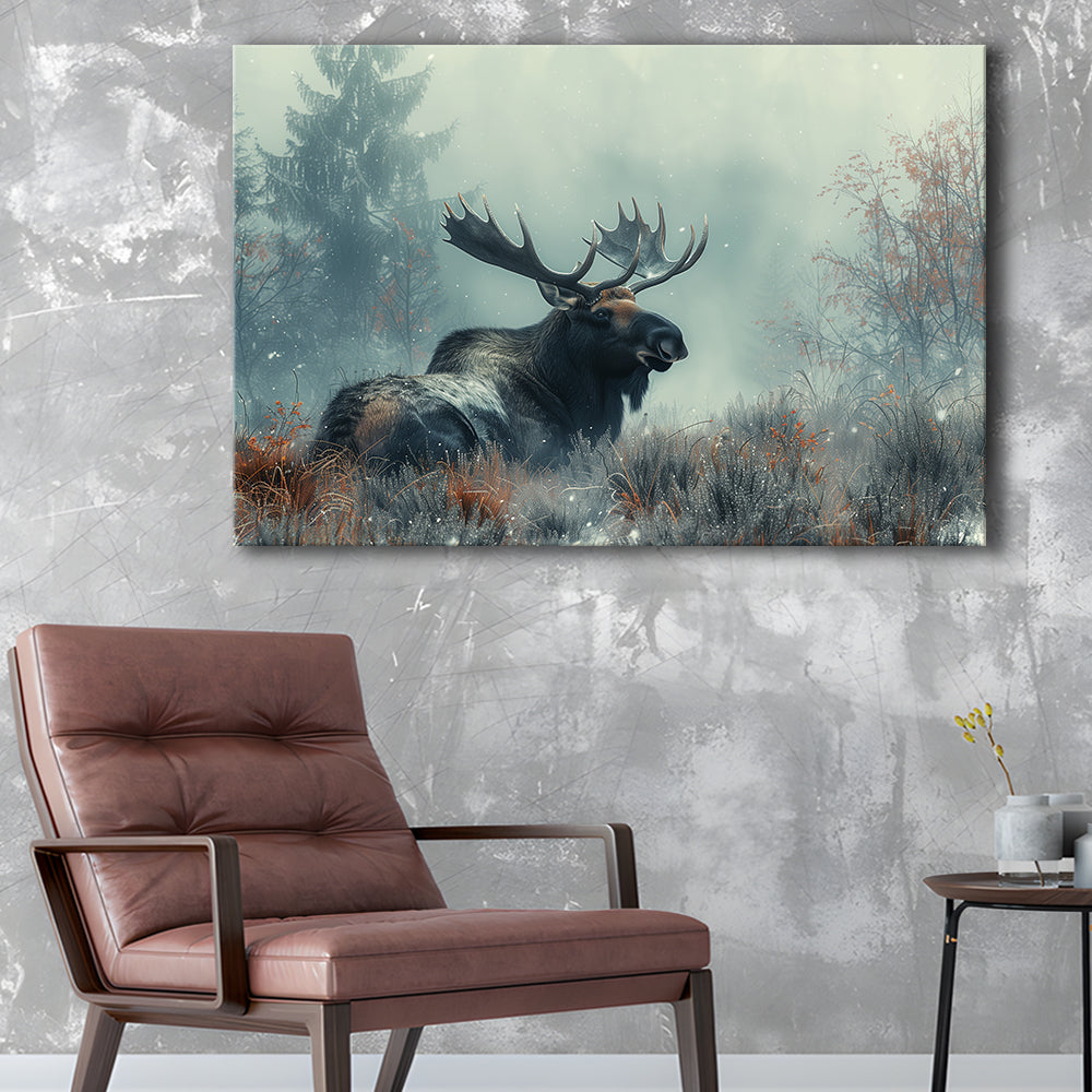 Moose Lying In Winter Field , Canvas Art Decor Print, Painting Art, Canvas Print Wall Art Home Decor