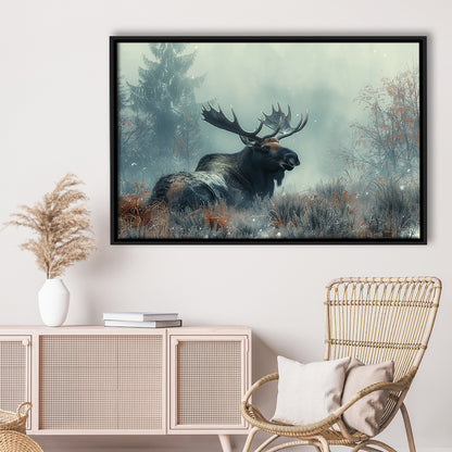 Moose Lying In Winter Field , Framed Canvas Print, Painting Art, Floating Framed Canvas Print Wall Art