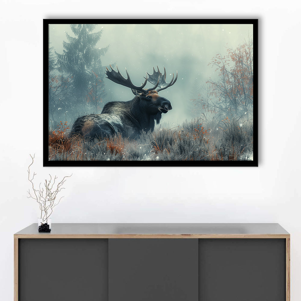 Moose Lying In Winter Field , Framed  Print, Painting Art, Framed Art Print Wall Decor, Framed Picture