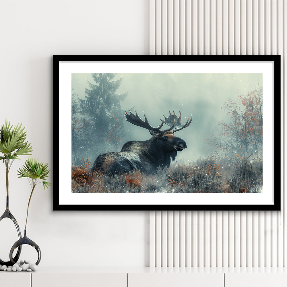 Moose Lying In Winter Field , Framed  Print, Painting Art, Framed Art Print White Border Wall Decor