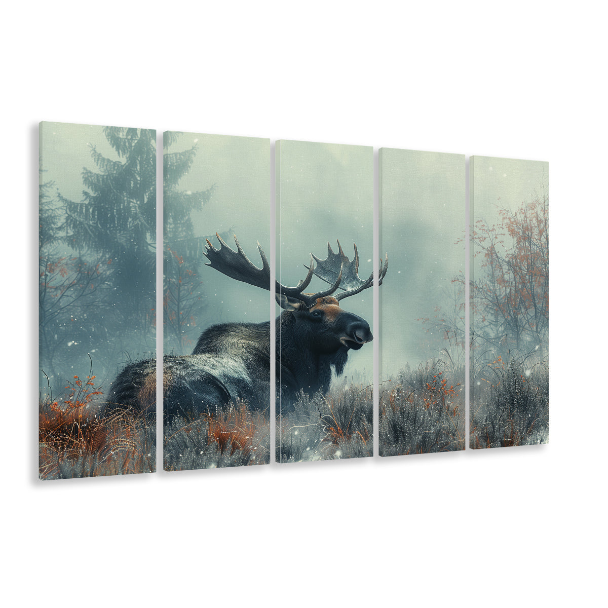 Moose Lying In Winter Field , Canvas Art Print, Painting Art, Multi Panels Canvas Print Wall Art