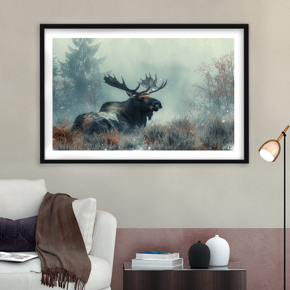 Moose Lying In Winter Field , Framed  Print, Painting Art, Framed Art Print White Border Wall Decor