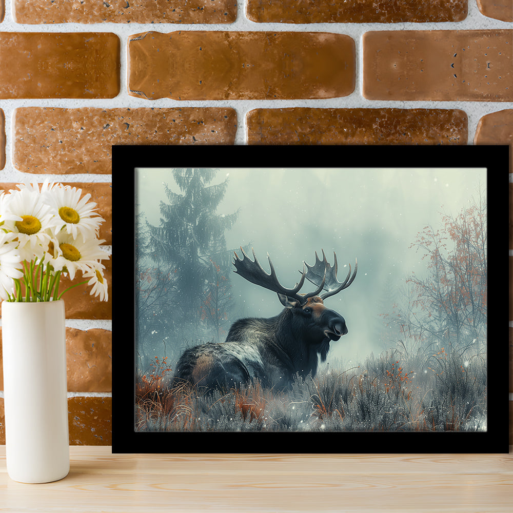 Moose Lying In Winter Field , Framed  Print, Painting Art, Framed Art Print Wall Decor, Framed Picture