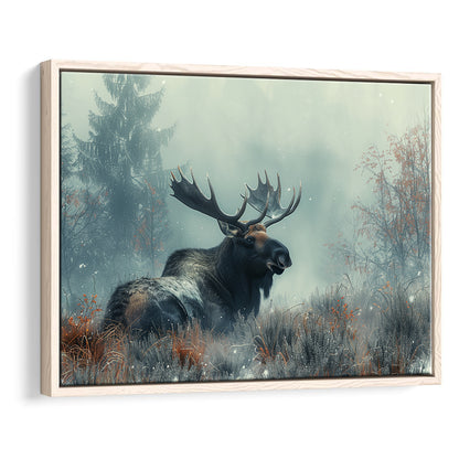 Moose Lying In Winter Field , Framed Canvas Print, Painting Art, Floating Framed Canvas Print Wall Art