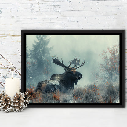 Moose Lying In Winter Field , Framed Canvas Print, Painting Art, Floating Framed Canvas Print Wall Art